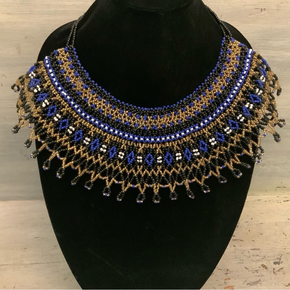 Beautifully Hand Beaded Gold Blue Black Statement Necklace 20”-23” New